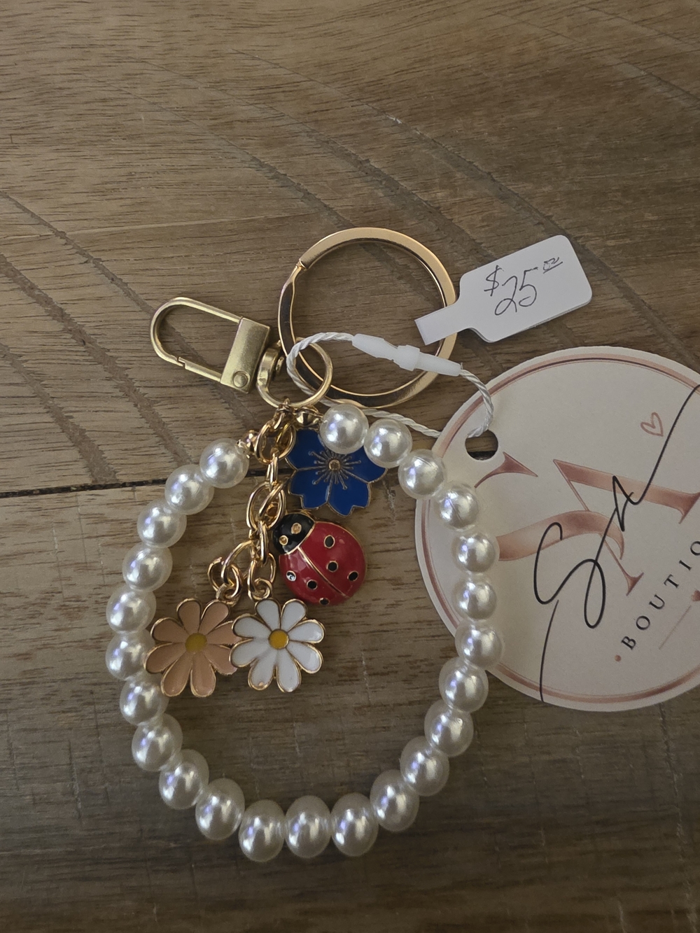 Bag CHARM 🌸 Pearl Bracelet Keychain with Floral, Ladybug & Blue Flower Charms